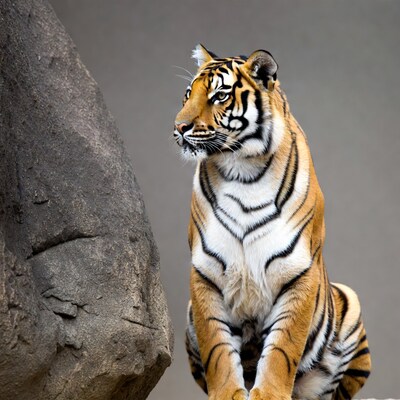 Tiger sitting by rock