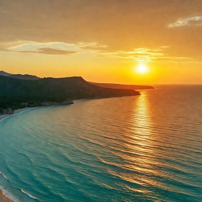 Sunset over coastal cliffs and beach