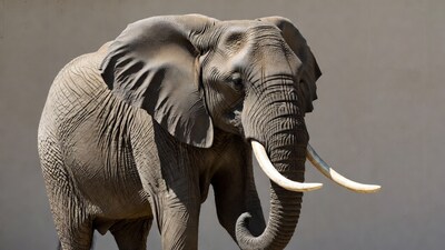 Elephant with tusks on gray background