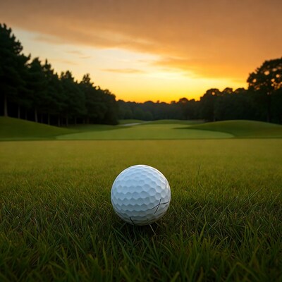 Golf ball on fairway at sunset