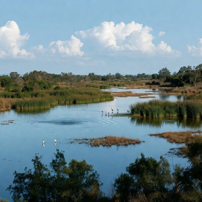 Birds in wetland marsh landscape