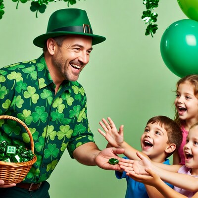 Man in green hat giving candy to kids