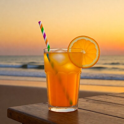 Orange drink with straw on beach sunset
