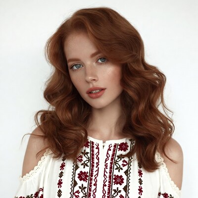 Redhead woman in embroidered off-shoulder top