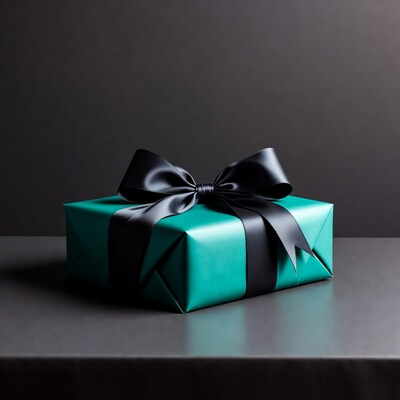 Teal gift box with black bow