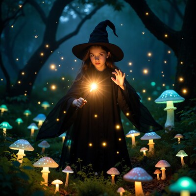 Girl Witch Casting Spell in Enchanted Forest