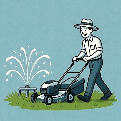 Man mowing lawn with sprinkler