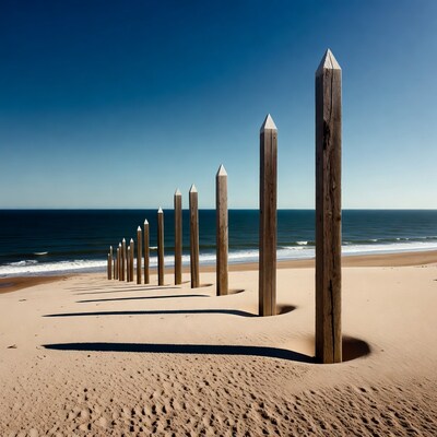 Wooden posts on beach with shadows