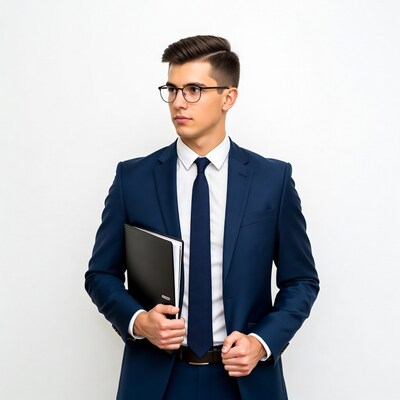 Young man in suit holding folder