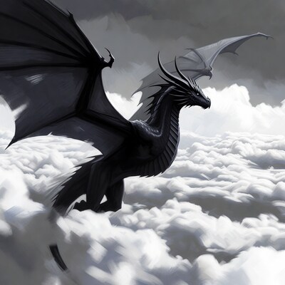 Black Dragon Flying in Clouds