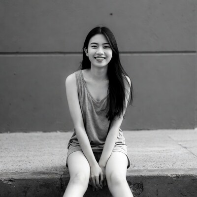 Asian woman smiling on concrete ledge