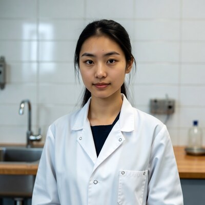 Asian woman in lab coat