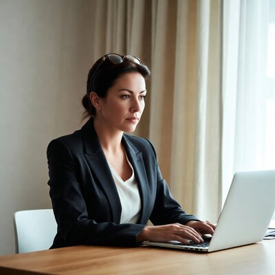 Woman working on laptop at desk