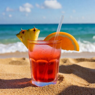 Tropical red cocktail on beach