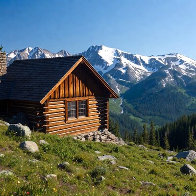 Log cabin with snowy mountains