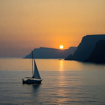 Sailboat at Sunset with Cliffs