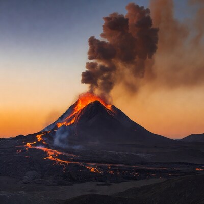 Erupting volcano at sunset