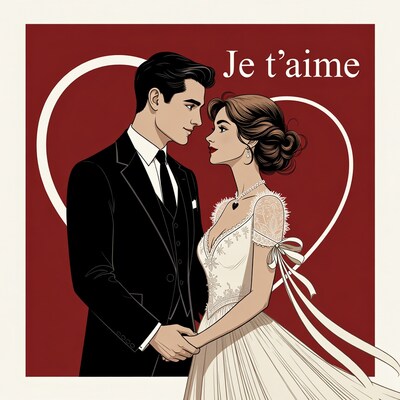 Couple in tuxedo and gown saying Je t'aime