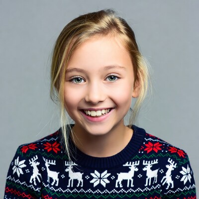 Smiling girl in reindeer Christmas sweater