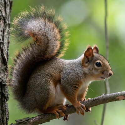 Red squirrel on tree branch