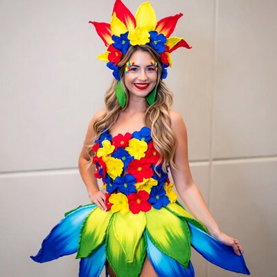 Woman in colorful tropical flower costume