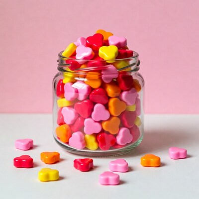 Colorful Heart Candies in Glass Jar