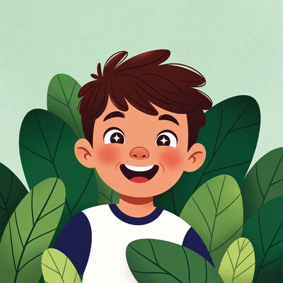 Happy boy peeking from green leaves
