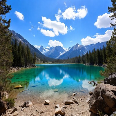 Turquoise alpine lake with mountains