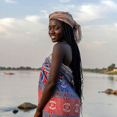 African woman in wrap by river