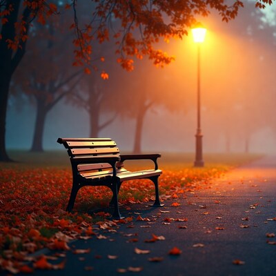 Empty bench under autumn streetlamp