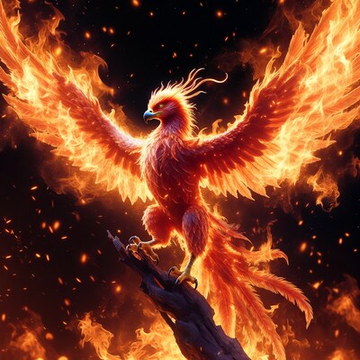 Fiery Phoenix Perched on Branch
