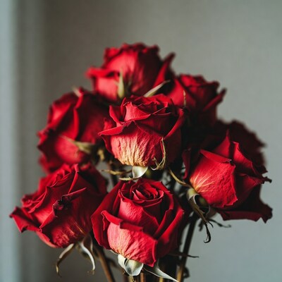 Bouquet of wilted red roses