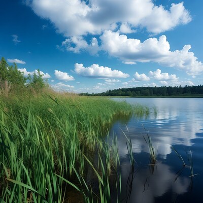 Reeds by lake under blue sky