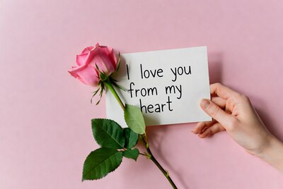 Hand holding pink rose and I love you note