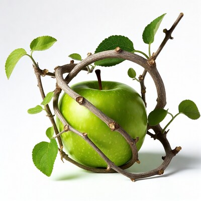 Green Apple Wrapped in Branches and Leaves