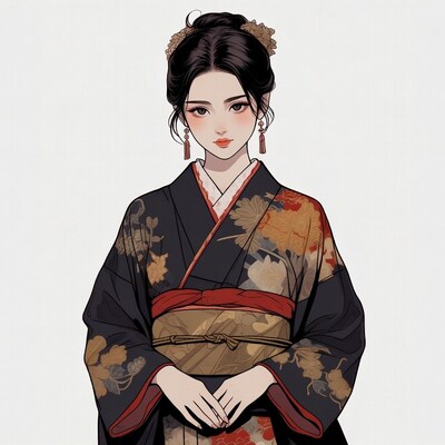 Asian woman in black kimono