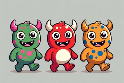 Three Cute Cartoon Monsters Walking