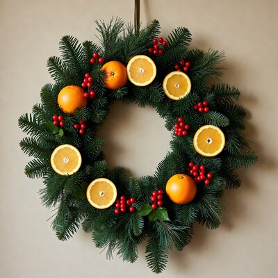 Christmas Wreath with Oranges and Holly