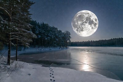 Full Moon Over Snowy Lake and Forest