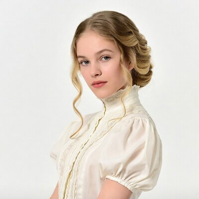 Young woman in Victorian lace blouse
