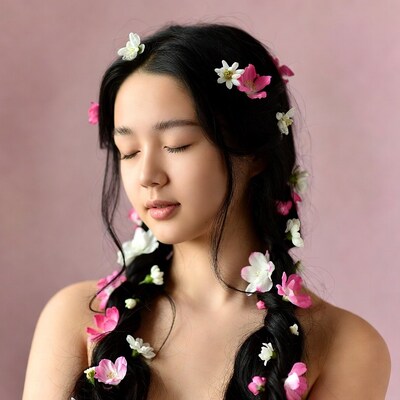Asian woman with flowers in black braids