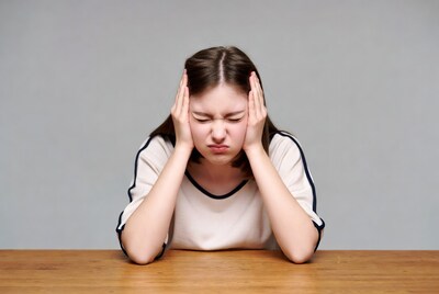 Young woman holding head in distress