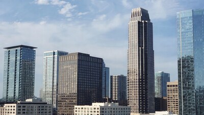 Modern skyscrapers under blue sky