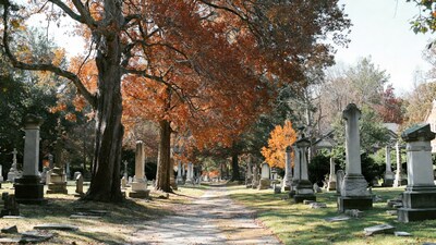 Autumn Cemetery Path with Gravestones