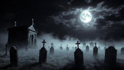 Moonlit Cemetery with Church and Graves