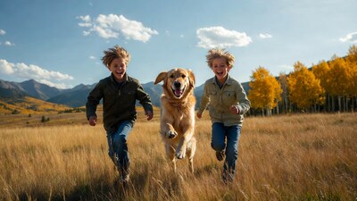Boys running with Golden Retriever in autumn field