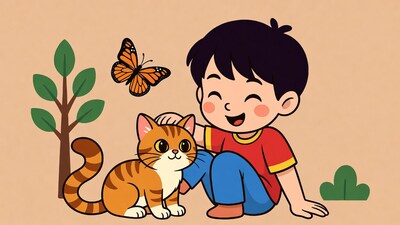 Asian boy petting cat with butterfly
