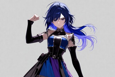 Anime girl flexing arm in armor