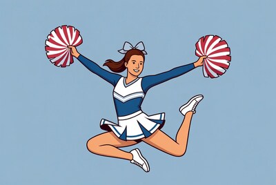 Cheerleader jumping with pom poms
