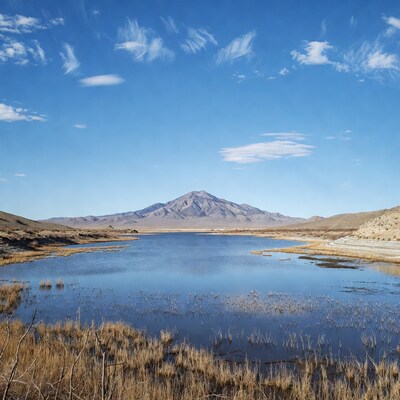Mountain Lake with Reeds and Blue Sky